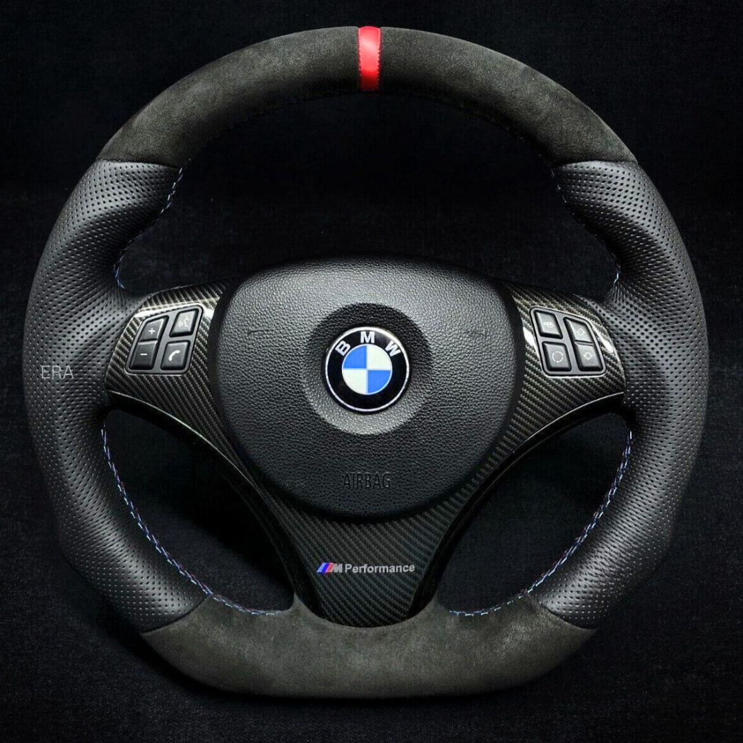 BMW PERFORATED SIDES ALCNATARA BOTTOM STEERIGN WHEEL RED STRIPE CARBON TRIM