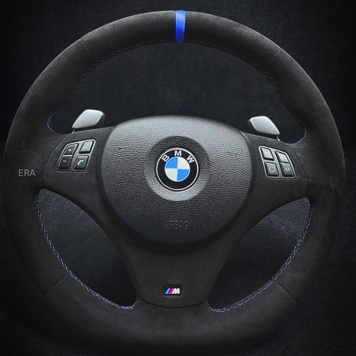 BMW E9X-E8X ALCANTARA / BLUE STRIPE / M STITCHING / ALCANTARA TRIM / SHIFT PADDLES / FLAT BOTTOM