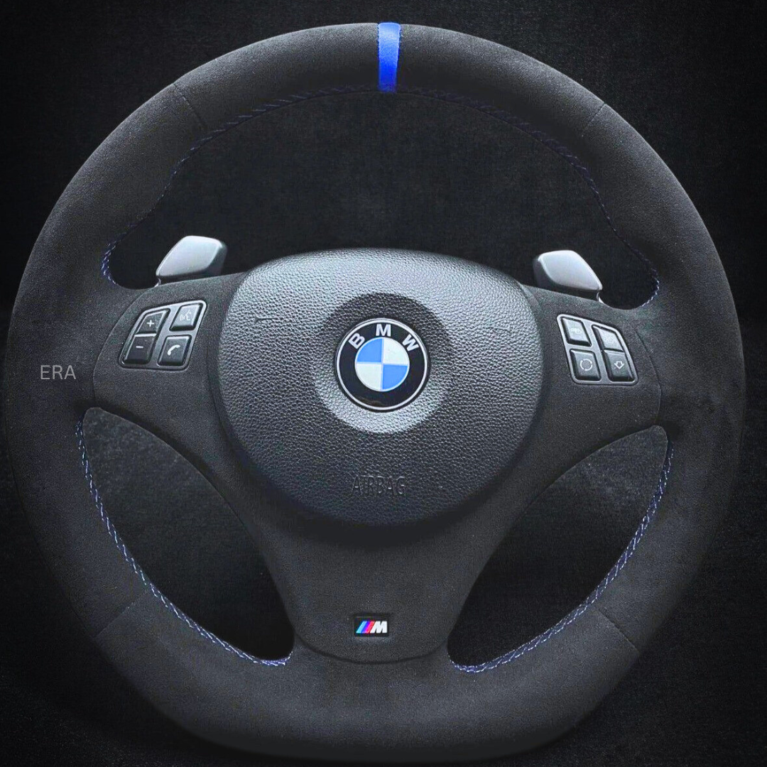 BMW E9X-E8X ALCANTARA / BLUE STRIPE / M STITCHING / ALCANTARA TRIM / SHIFT PADDLES / FLAT BOTTOM