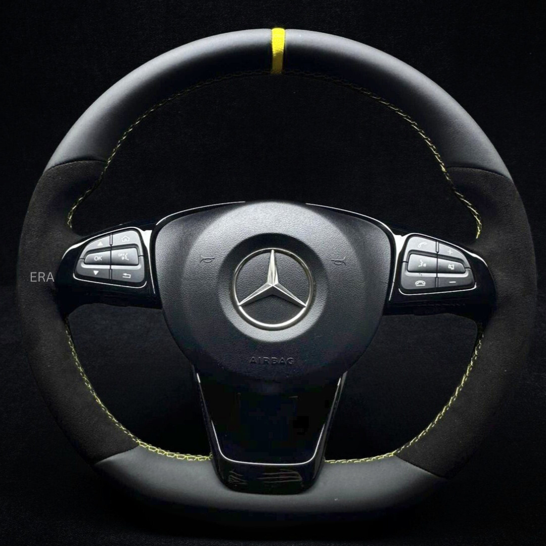 MERCEDES-BENZ NAPPA-ALCANTARA / YELLOW STRIPE / YELLOW STITCHING / PIANO BLACK TRIM AND SHIFT PADDLES