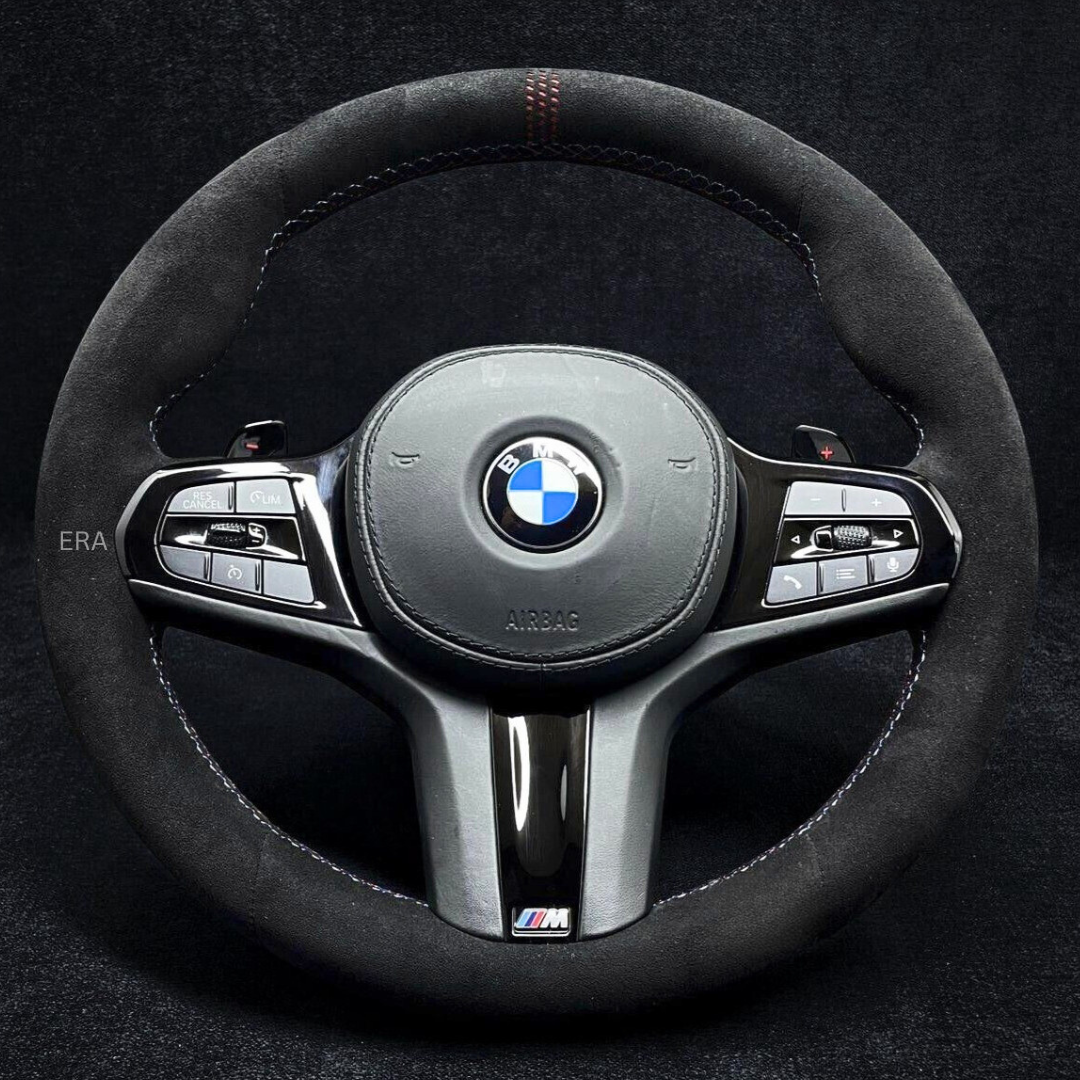 PIANO BLACK TRIM AND SHIFT PADDLES ALCANTARA LEATHER BMW STEERING WHEEL RED LASER