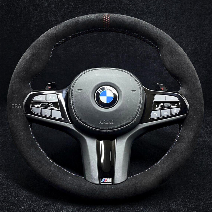 PIANO BLACK TRIM AND SHIFT PADDLES ALCANTARA LEATHER BMW STEERING WHEEL RED LASER