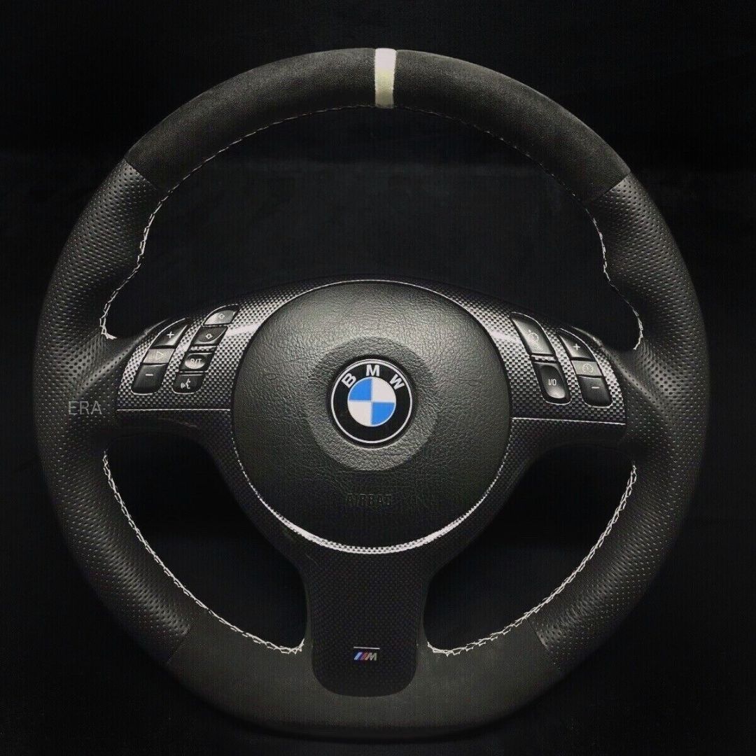 BMW E46 CUSTOM SHAPE STEERING WHEEL WHITE STRIPE STITCHING