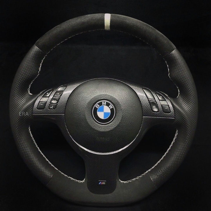 BMW E46 CUSTOM SHAPE STEERING WHEEL WHITE STRIPE STITCHING