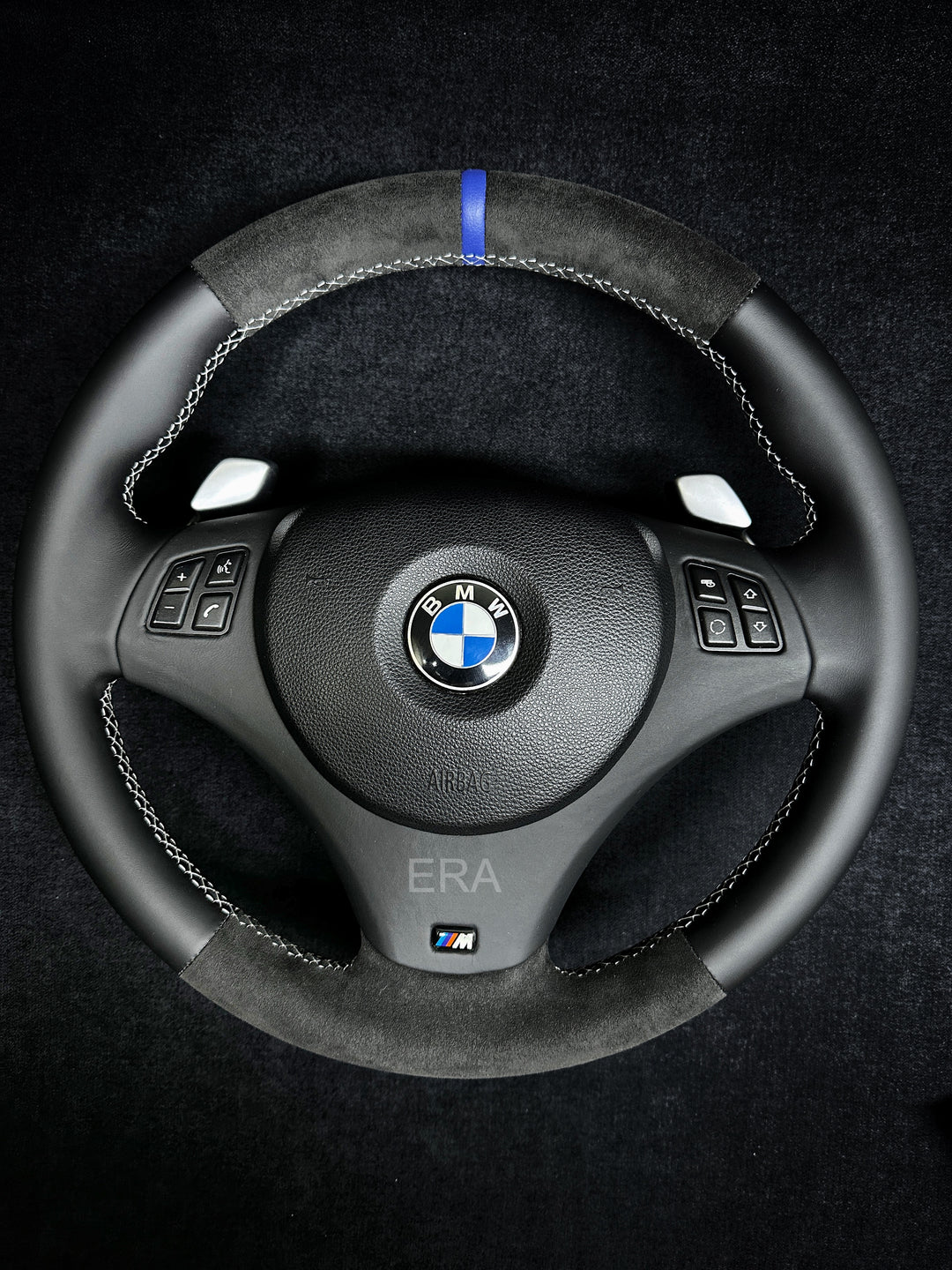 BMW E9X-E8X ALCANTARA-NAPPA / BLUE STRIPE / WHITE STITCHING / LEATHER TRIM / SSG SHIFT PADDLES