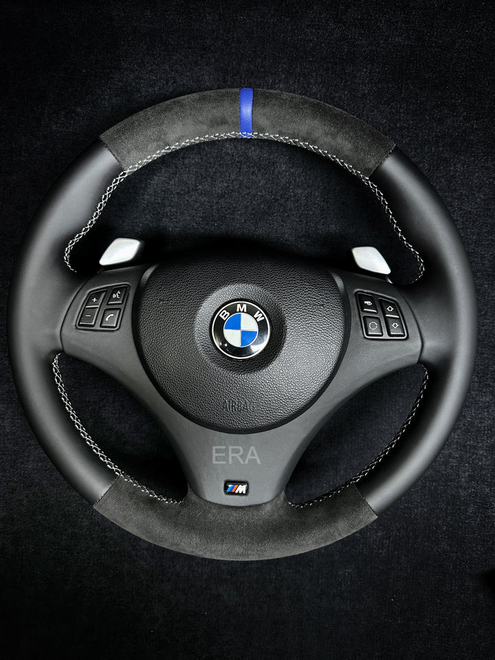 BMW E9X-E8X ALCANTARA-NAPPA / BLUE STRIPE / WHITE STITCHING / LEATHER TRIM / SSG SHIFT PADDLES