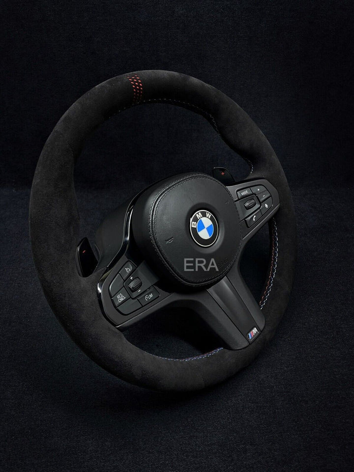 BMW G-SERIES ALCANTARA / RED LASER STRIPES / WHITE STITCHING / PIANO BLACK TRIM AND SHIFT PADDLES