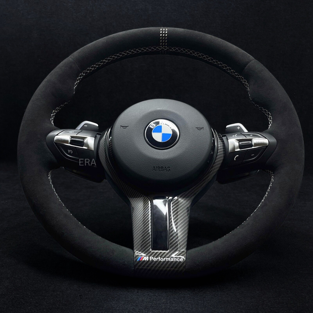 BMW F-SERIES ALCANTARA / WHITE LAZER STRIPES / WHITE STITCHING / CARBON AND PIANO BLACK TRIM / SHIFT PADDLES