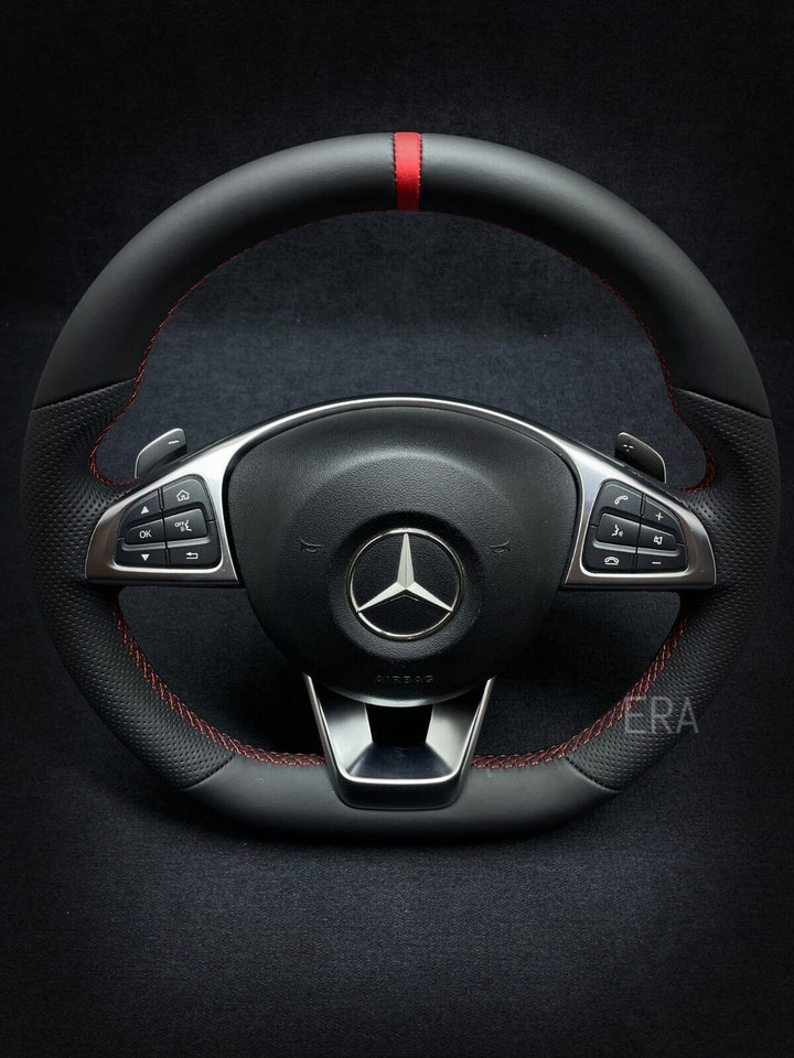 MERCEDES-BENZ NAPPA-PERFORATED / RED STRIPE / RED STITCHING / SHIFT PADDLES / FLAT BOTTOM