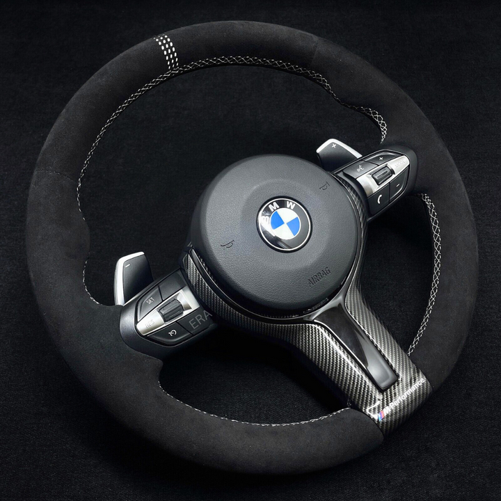 BMW F-SERIES ALCANTARA / WHITE LAZER STRIPES / WHITE STITCHING / CARBON AND PIANO BLACK TRIM / SHIFT PADDLES