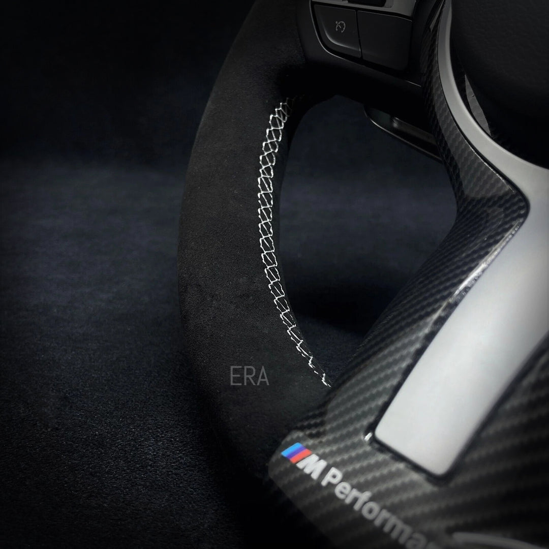 BMW F-SERIES ALCANTARA / WHITE LAZER STRIPE / WHITE STITCHING / CARBON STYLE TRIM / SHIFT PADDLES