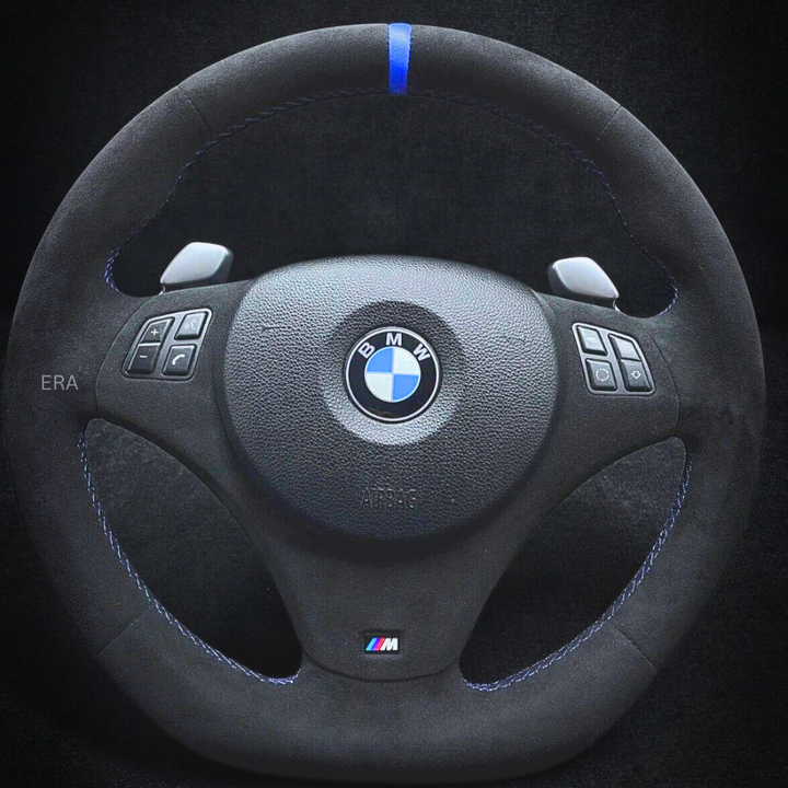BMW E9X-E8X ALCANTARA / BLUE STRIPE / M STITCHING / ALCANTARA TRIM / SHIFT PADDLES / FLAT BOTTOM