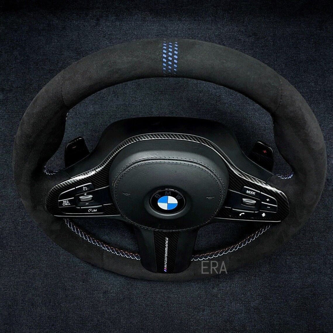 BLUE LAZER STRIPES M STITCHING CARBON TRIM CARBON SHIFT PADDLES BMW G SERIES ALCANTARA 