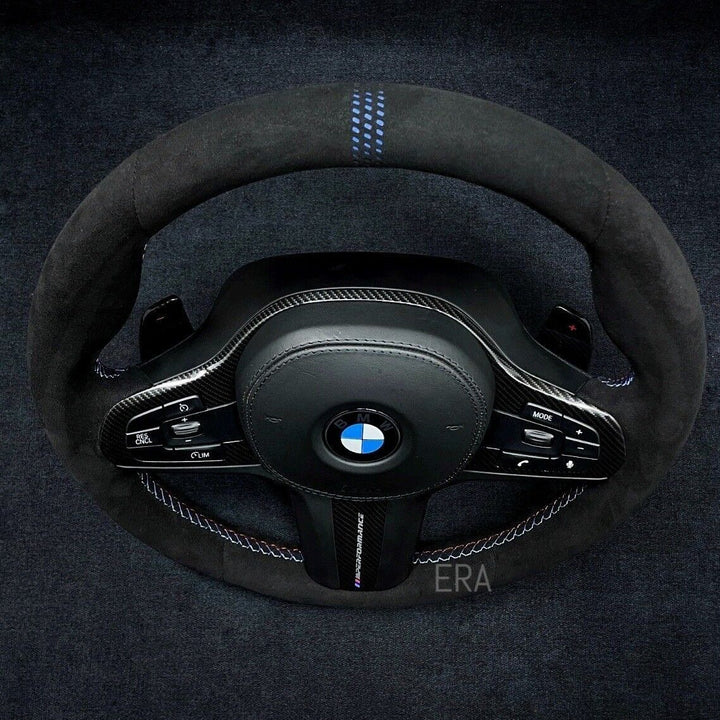 BLUE LAZER STRIPES M STITCHING CARBON TRIM CARBON SHIFT PADDLES BMW G SERIES ALCANTARA 