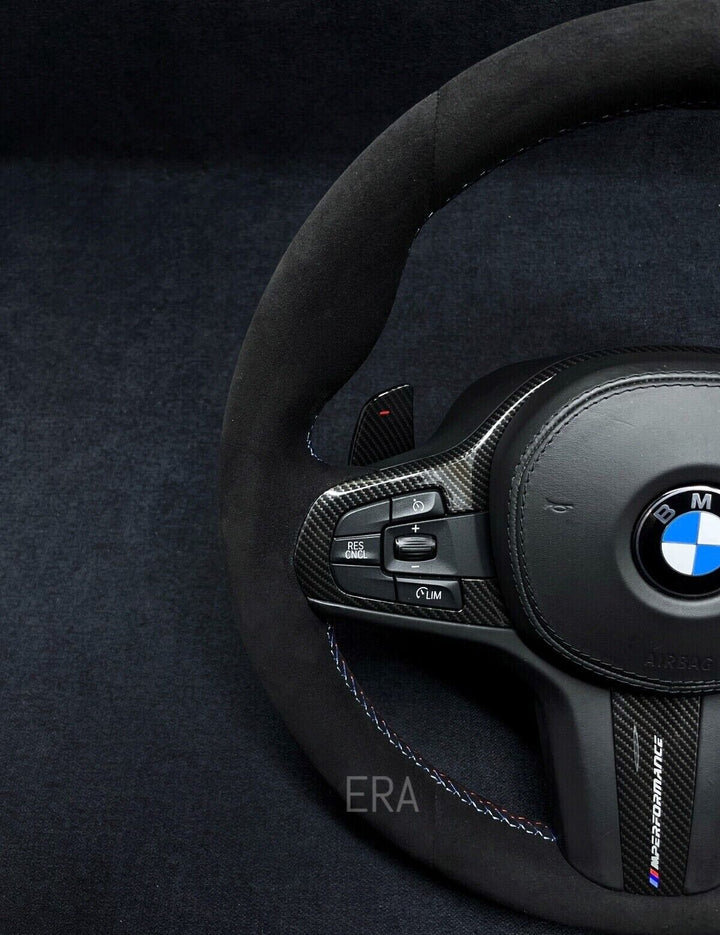 BLUE LAZER STRIPES M STITCHING CARBON TRIM CARBON SHIFT PADDLES BMW G SERIES ALCANTARA  STEERING WHEEL