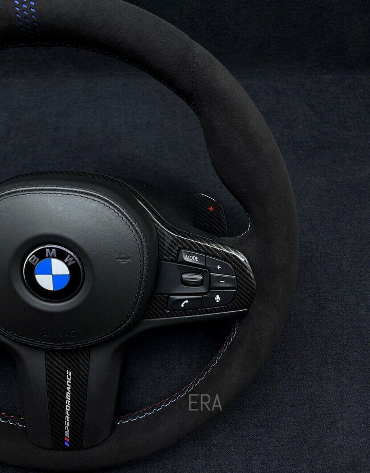 BLUE LAZER STRIPES M STITCHING CARBON TRIM CARBON SHIFT PADDLES BMW G SERIES ALCANTARA  STEERING WHEEL M PERFORMANCE