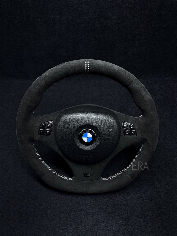 BMW E90 E92 E93 E82 E84 steering wheel  M cs alcantara flat bottom  CUSTOM MADE M PERFORMANCE  white lazer stripe alcantara trim 