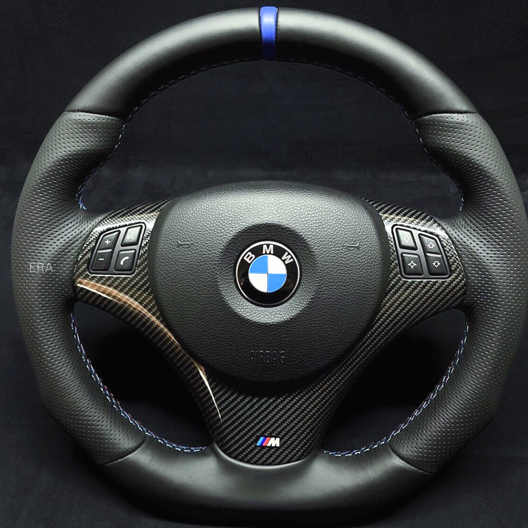 BMW E90 PERFORATED LEATHER NAPPA STEERING WHEEL CARBON TRIM BLUE STRIPE