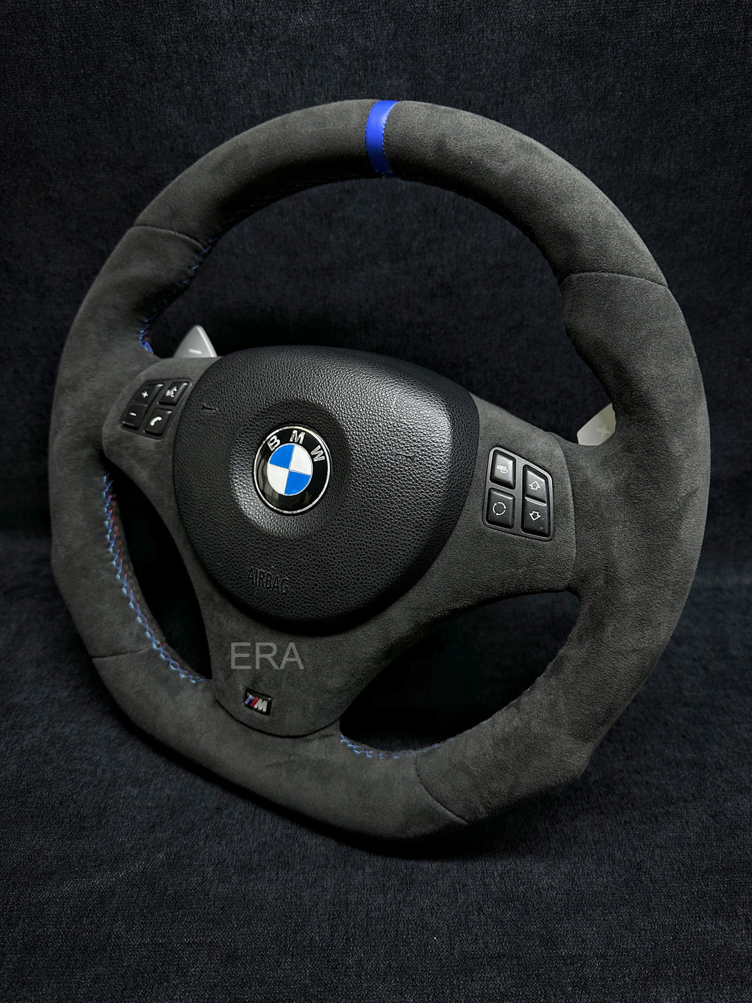 BMW E90 STEERING WHEEL ALCANTARA LEATHER TRIM MIDDLE BLUE STRIPE AND STITCHING 