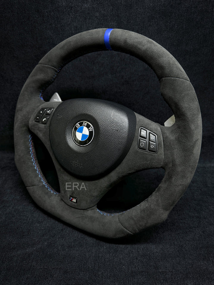 BMW E90 STEERING WHEEL ALCANTARA LEATHER TRIM MIDDLE BLUE STRIPE AND STITCHING 