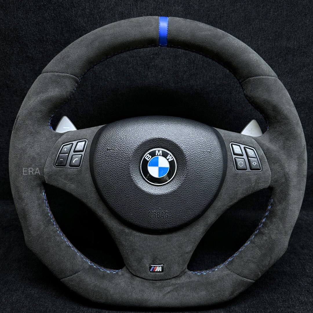 BMW E90 STEERING WHEEL ALCANTARA LEATHER TRIM MIDDLE BLUE STRIPE AND STITCHING WITH SHIFT PADDLES