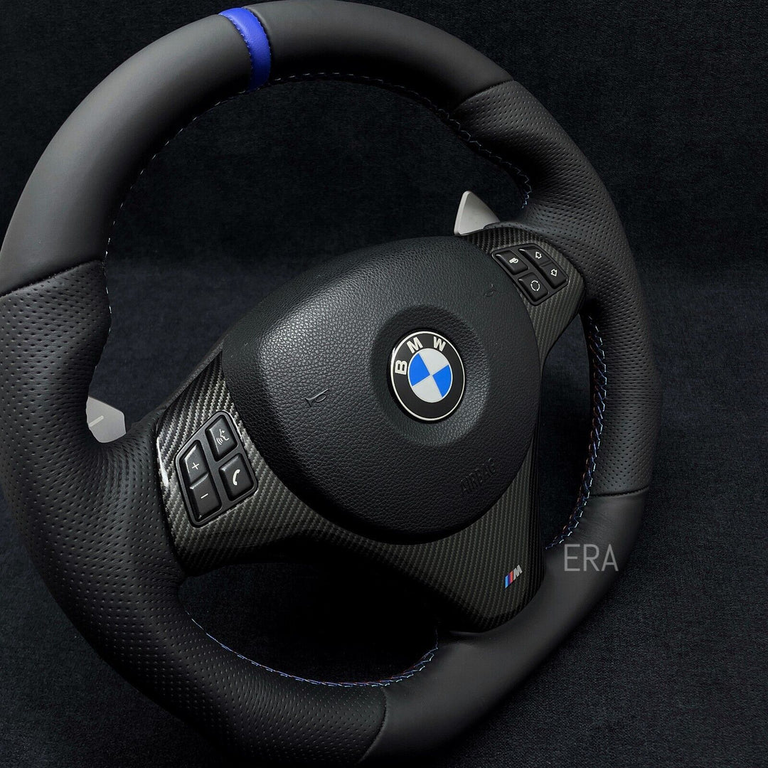 BMW E SERIES custom made flat bottom steering wheel SHIFT PADDLES BLUE STRIPE
