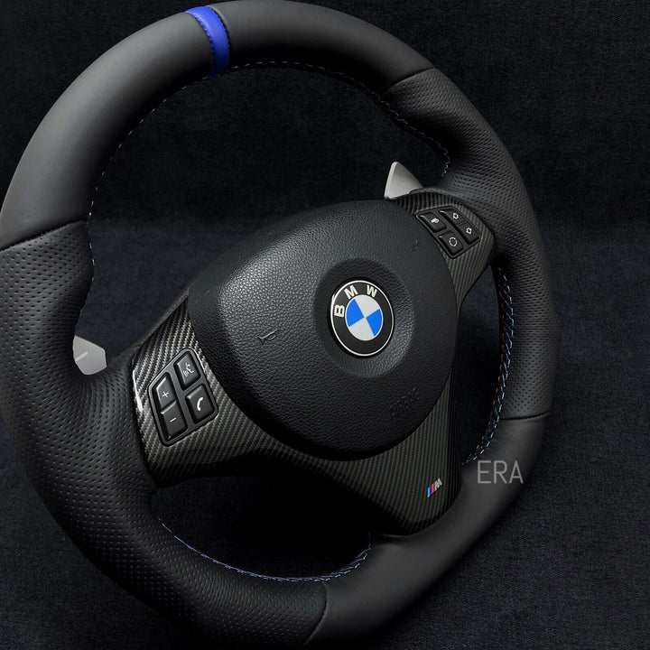 BMW E SERIES custom made flat bottom steering wheel SHIFT PADDLES BLUE STRIPE
