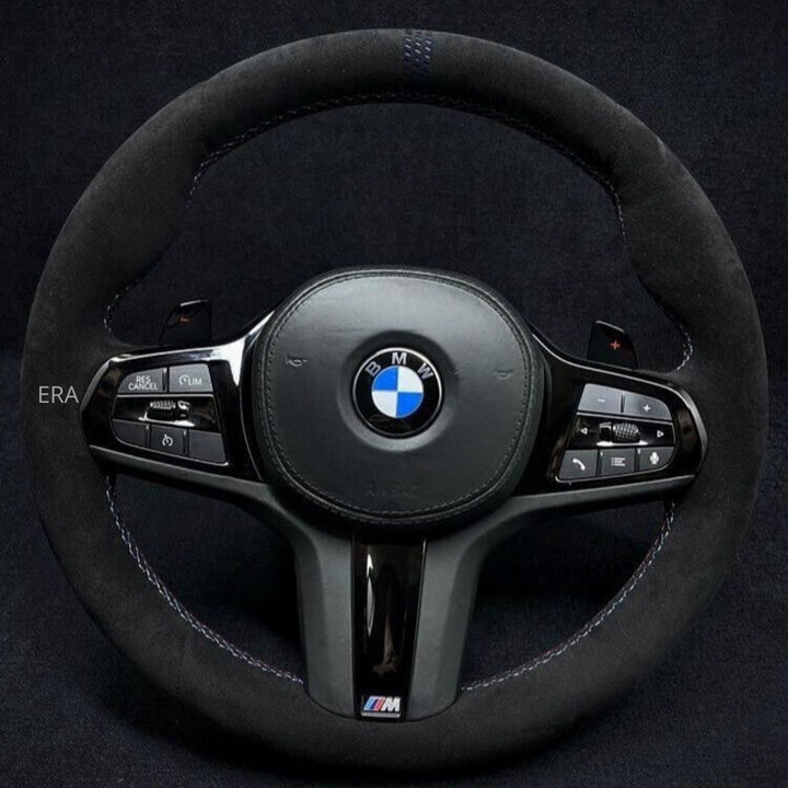 BMW G-SERIES ALCANTARA BLUE LAZER STRIPES M STITCHING PIANO BLACK TRIM PIANO BLACK SHIFT PADDLES
