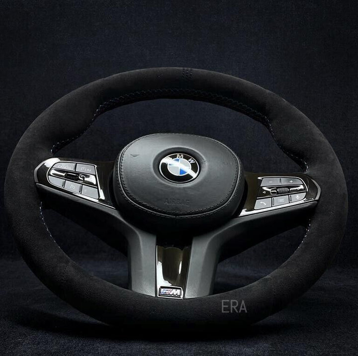 BMW G-SERIES ALCANTARA BLUE LAZER STRIPES M STITCHING PIANO BLACK TRIM PIANO BLACK SHIFT PADDLES STEERING WHEEL