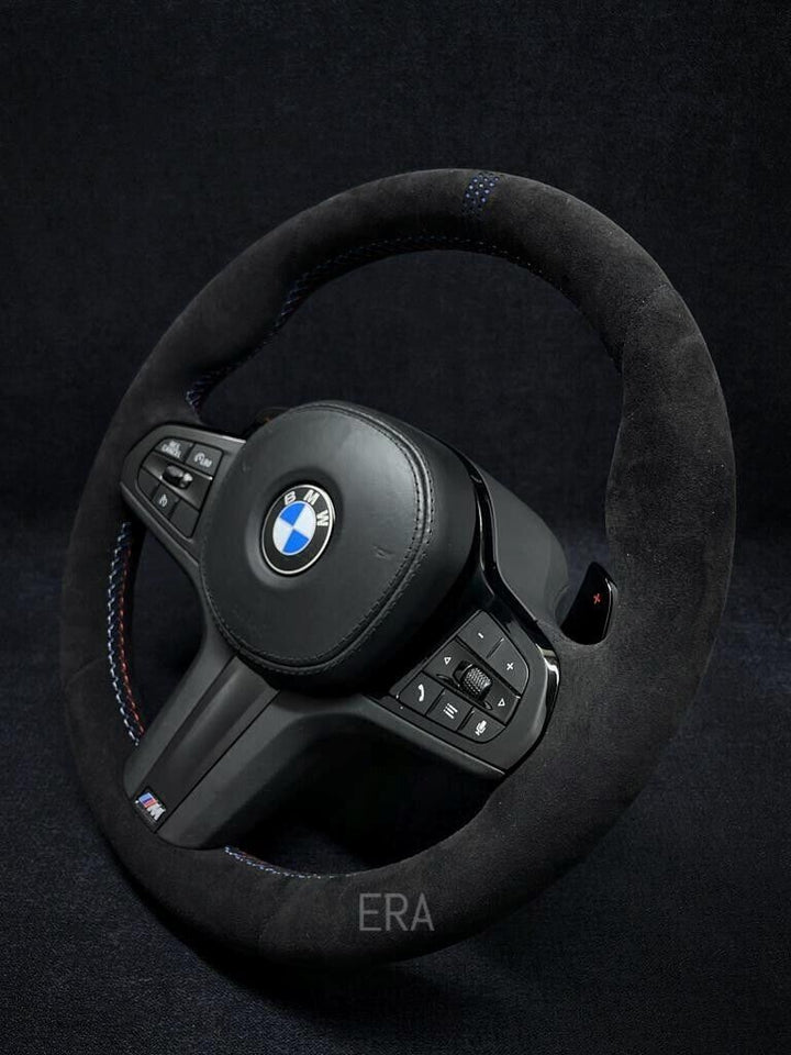 BMW G-SERIES ALCANTARA BLUE LAZER STRIPES M STITCHING PIANO BLACK TRIM SHIFT PADDLES STEERING WHEEL 