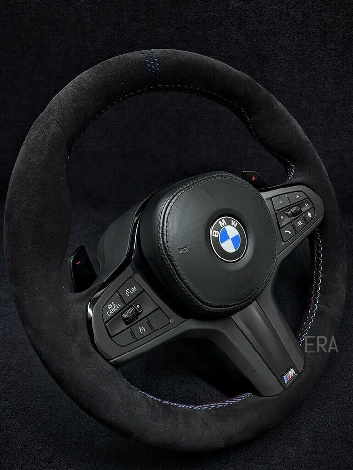 BMW G-SERIES ALCANTARA BLUE LAZER STRIPES M STITCHING PIANO BLACK TRIM SHIFT PADDLES STEERING WHEEL NEW
