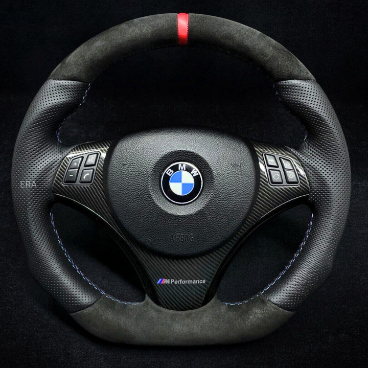 BMW PERFORATED SIDES ALCNATARA BOTTOM STEERIGN WHEEL RED STRIPE CARBON TRIM 