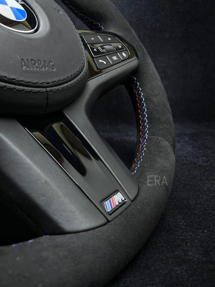 BMW STEERING WHEEL PIANO BLACK TRIM AND SHIFT PADDLES ALCANTARA M STITCHING