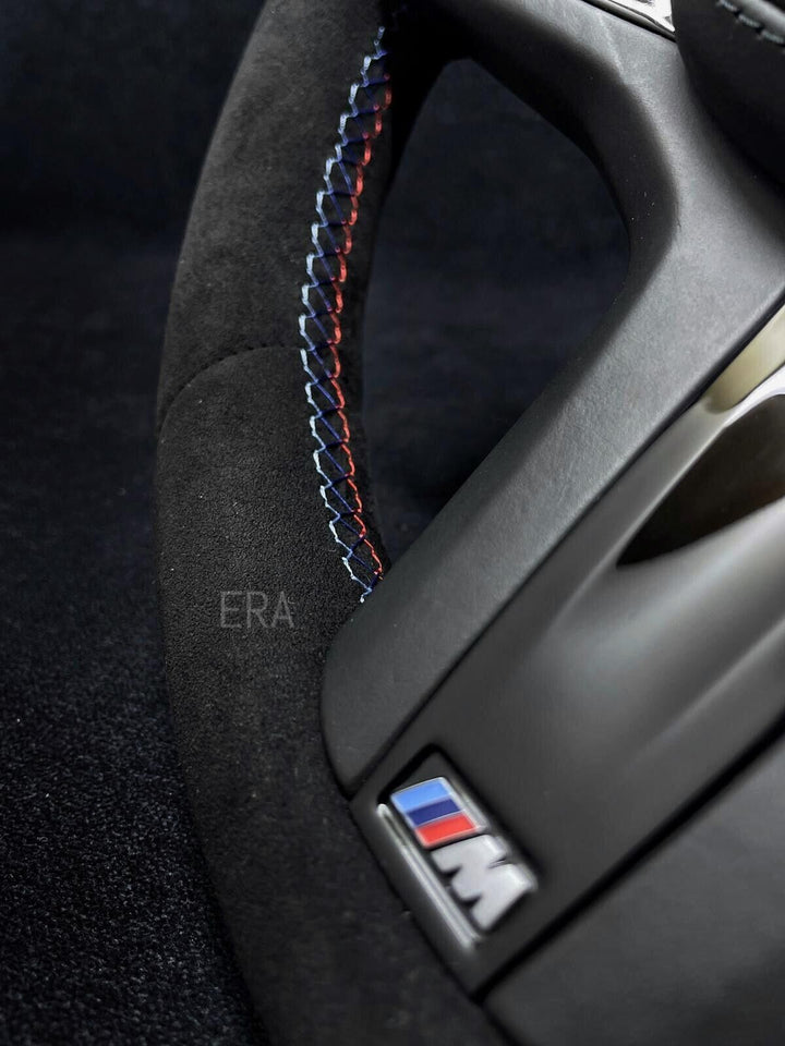 BMW STEERING WHEEL PIANO BLACK TRIM AND SHIFT PADDLES ALCANTARA M STITCHING BLUE RED