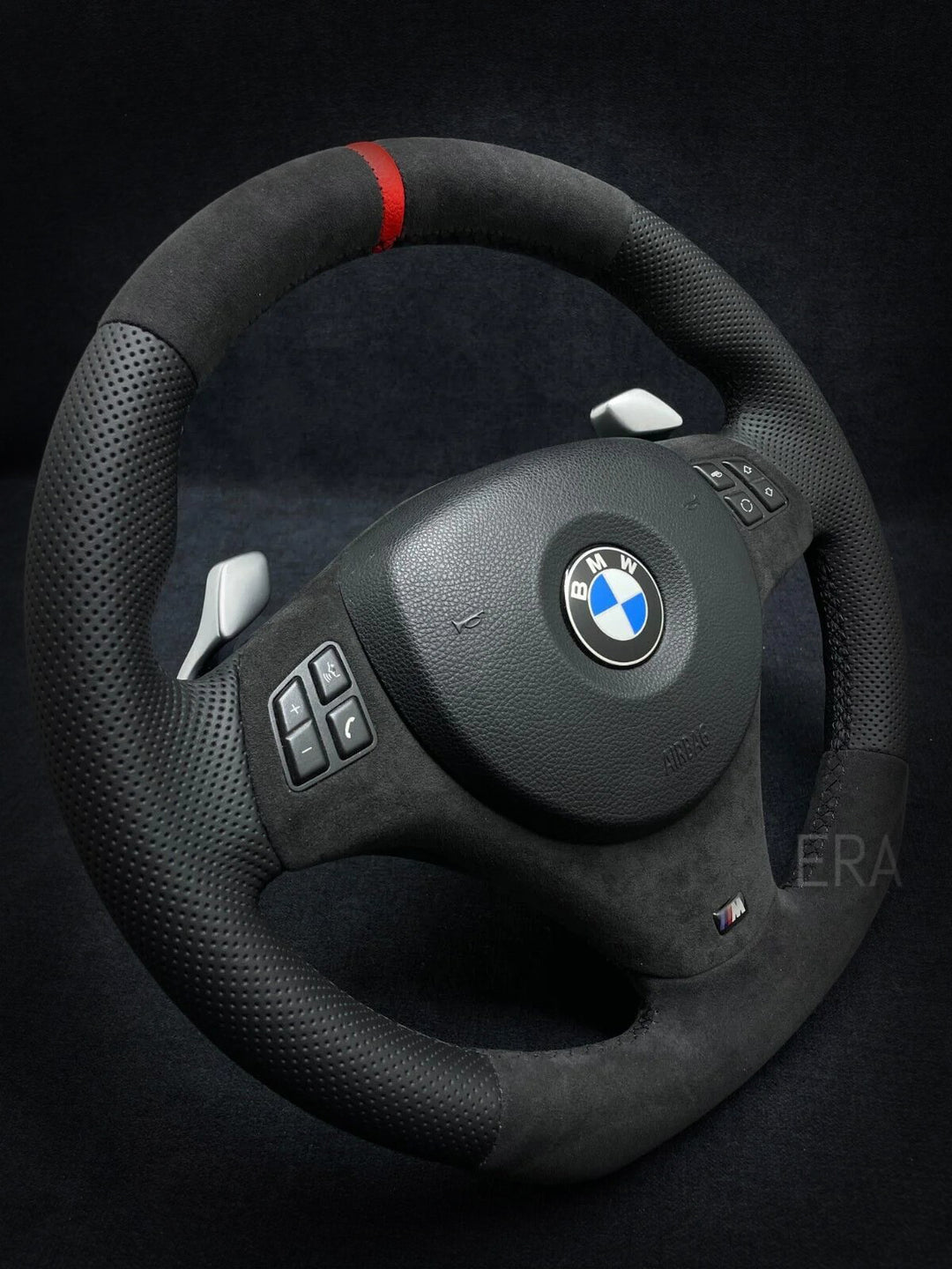 BMW steering wheel alcantara leather flat bottom red stripe shift paddles perforated sides