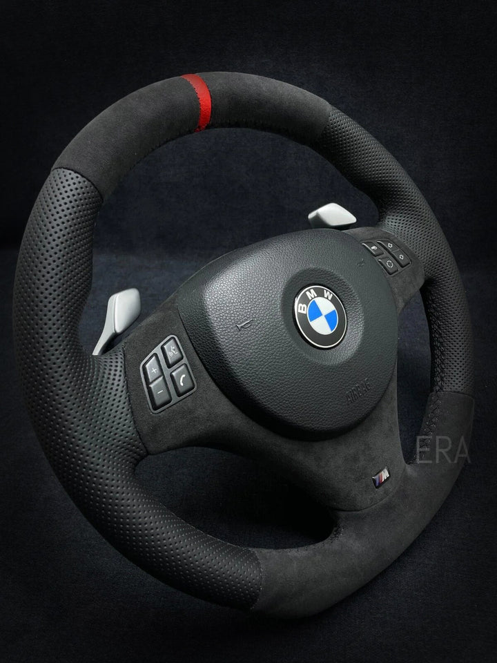 BMW steering wheel alcantara leather flat bottom red stripe shift paddles perforated sides