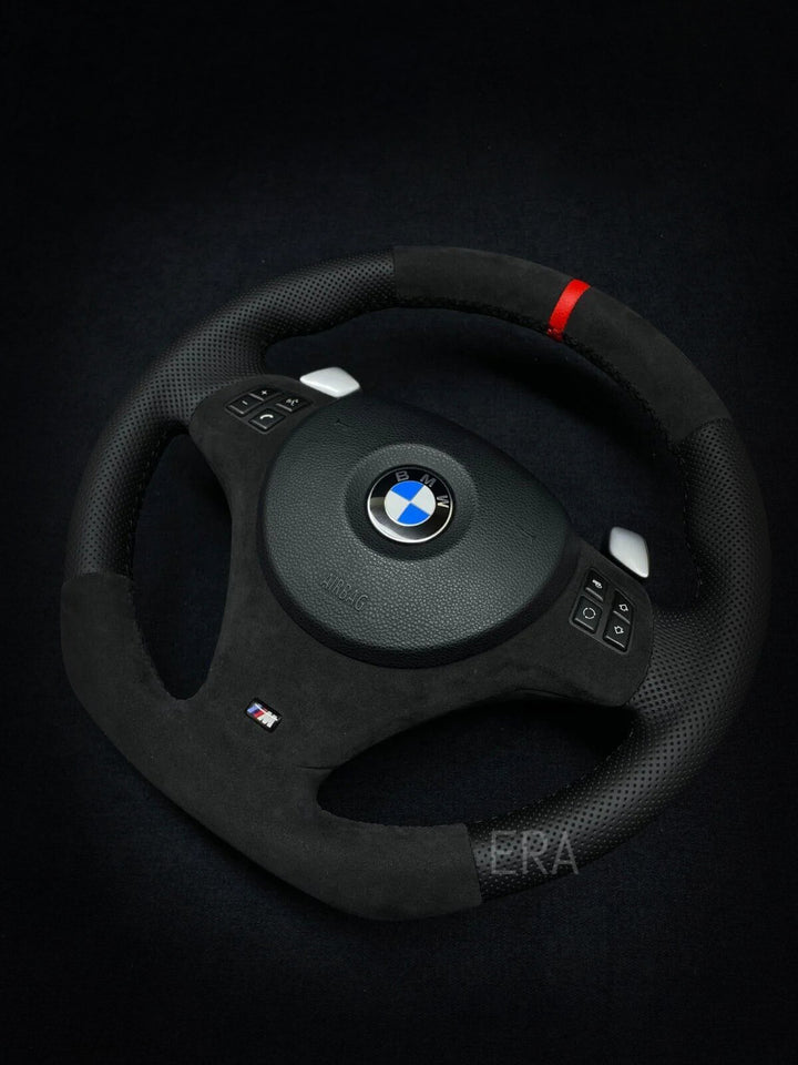 BMW steering wheel alcantara trim leather flat bottom red stripe shift paddles perforated sides
