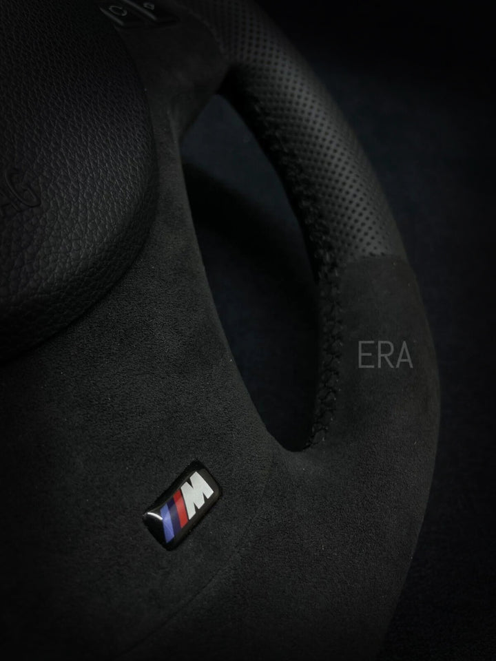 BMW steering wheel alcantara trim leather flat bottom red stripe shift paddles perforated sides black stitching m power