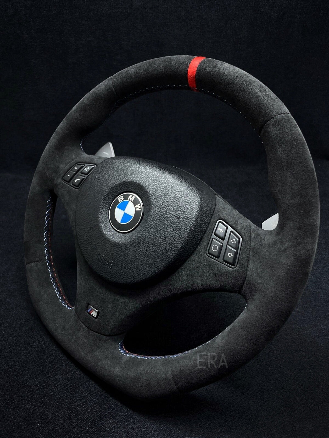 Black BMW steering wheel  sports e90 red stripe M STITCHING ALCANTARA TRIM