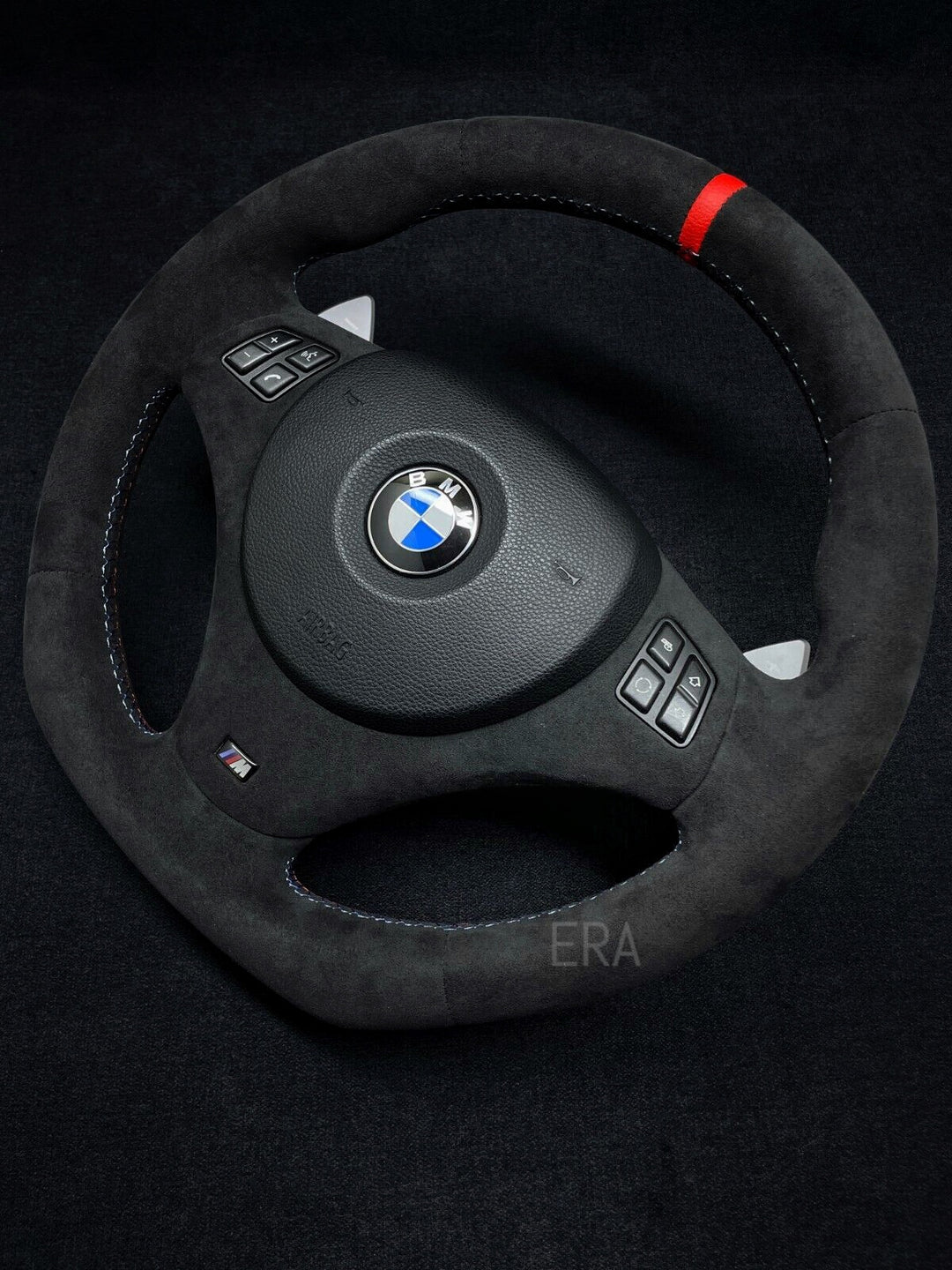 Black BMW steering wheel  sports e90 red stripe M STITCHING ALCANTARA TRIM DCT PADDLES FLAT BOTTOM