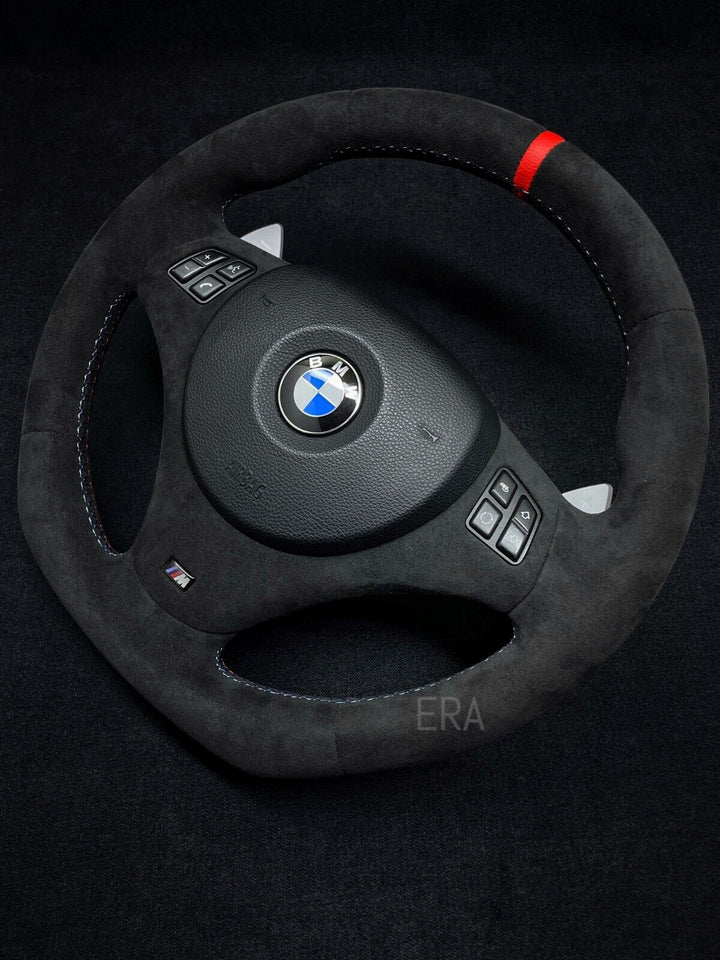 Black BMW steering wheel  sports e90 red stripe M STITCHING ALCANTARA TRIM DCT PADDLES FLAT BOTTOM