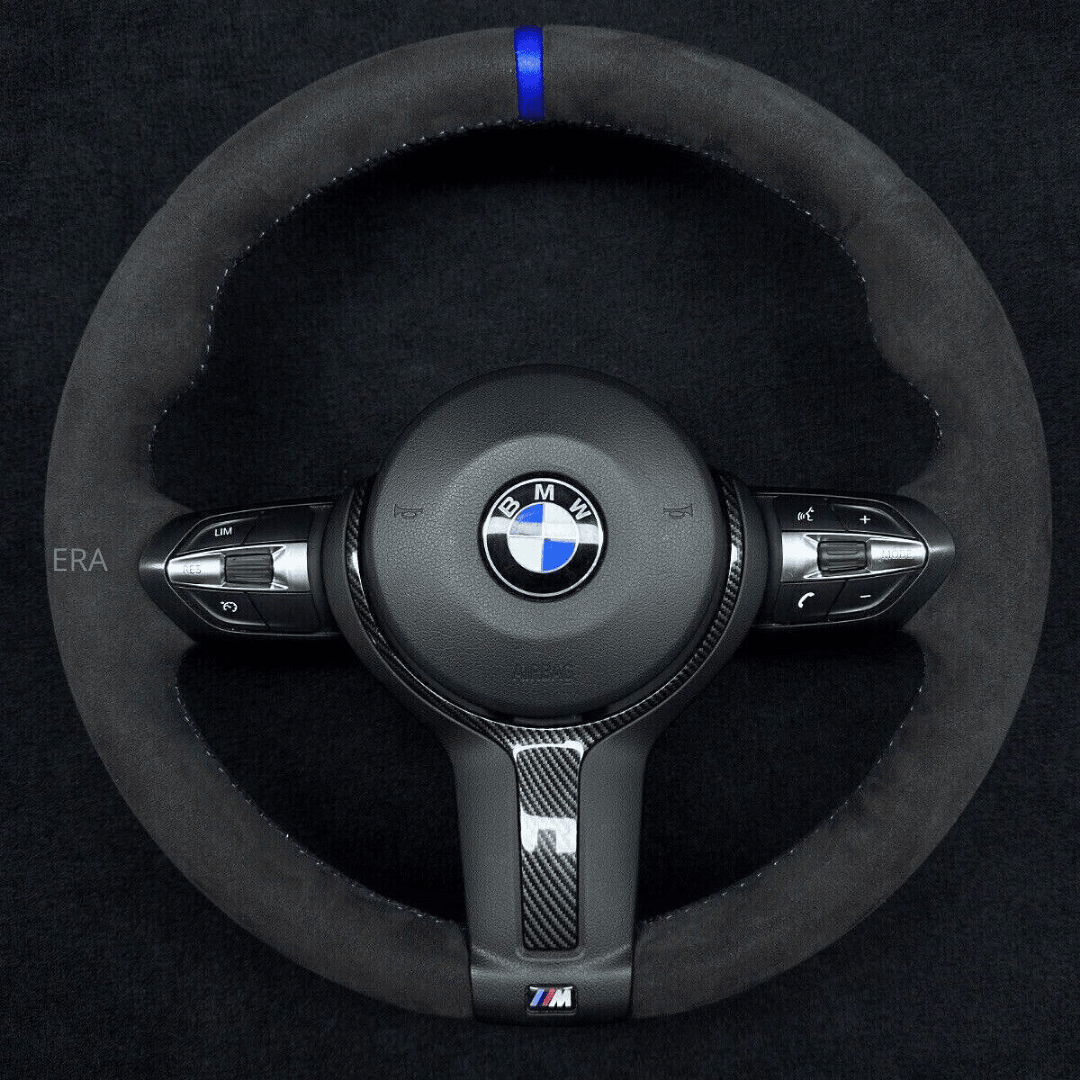 Black steering wheel with BMW logo on a black background alcantara leather blue stripe