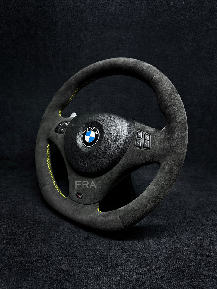 Bmw steering wheel alcantara yellow stitching shift paddles e90