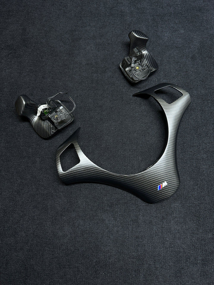 Carbon fiber bmw e90 steering wheel trim set with shift paddles