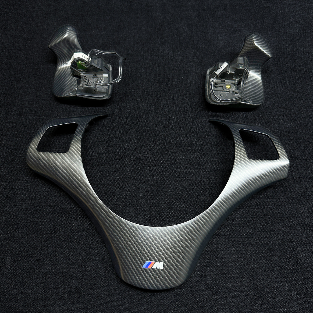 Carbon fiber style bmw e90 steering wheel trim set with shift paddles