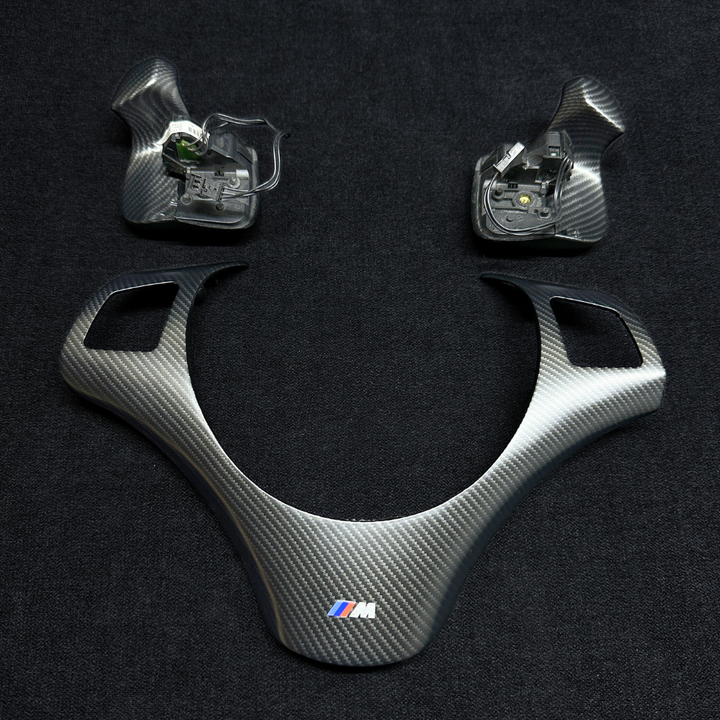 Carbon fiber style bmw e90 steering wheel trim set with shift paddles