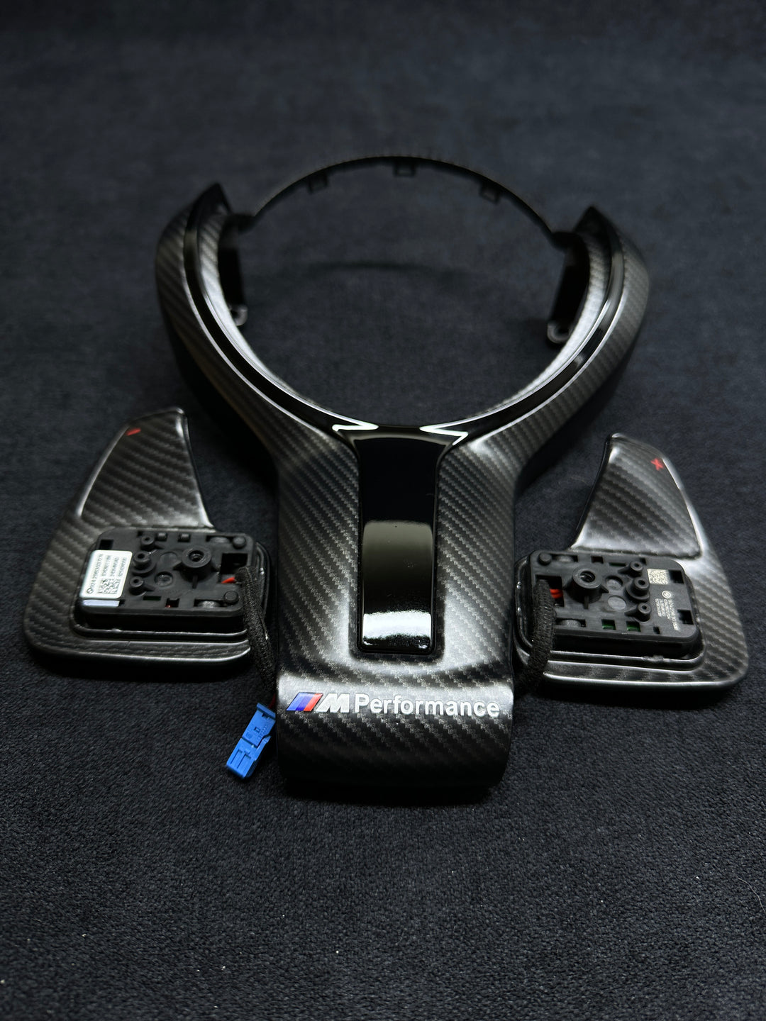 Carbon fiber style car steering wheel trim with BMW Performance shift paddles piano black middle