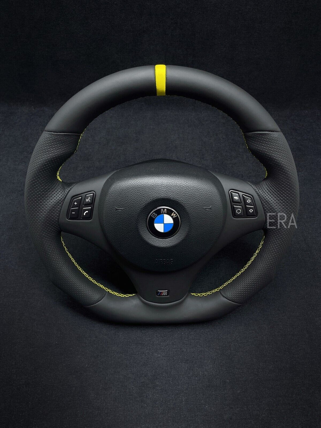 Custom E90 steering wheel for BMW with yellow stitching and stripe 