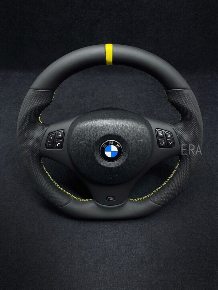 Custom E90 steering wheel for BMW with yellow stitching and stripe 