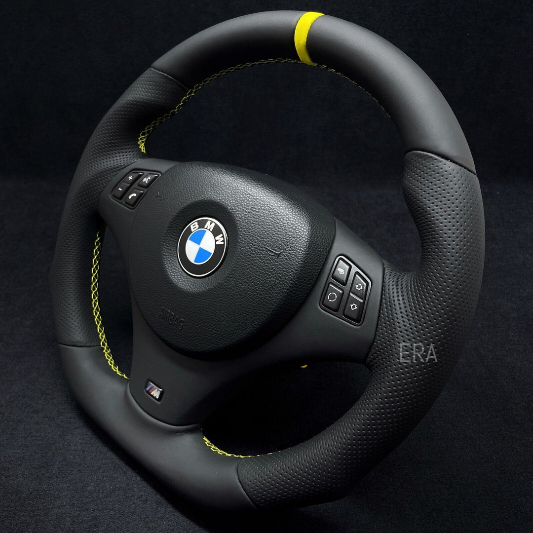 Custom E90 steering wheel for BMW with yellow stitching and stripe NAPPA LEATHER